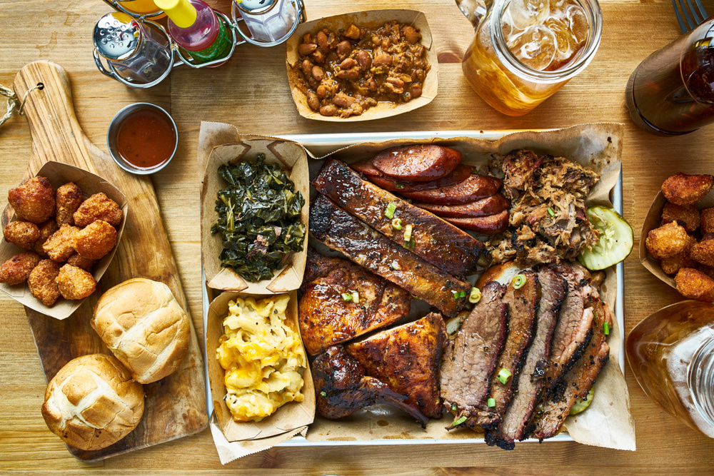 Texas style BBQ meal with all the fixings shot from top down view